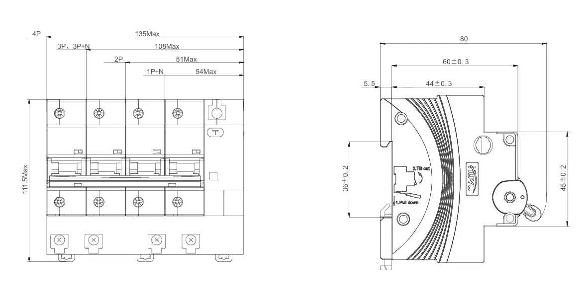 EXB3LE-125 125A RCBO Outlines and Dimensions