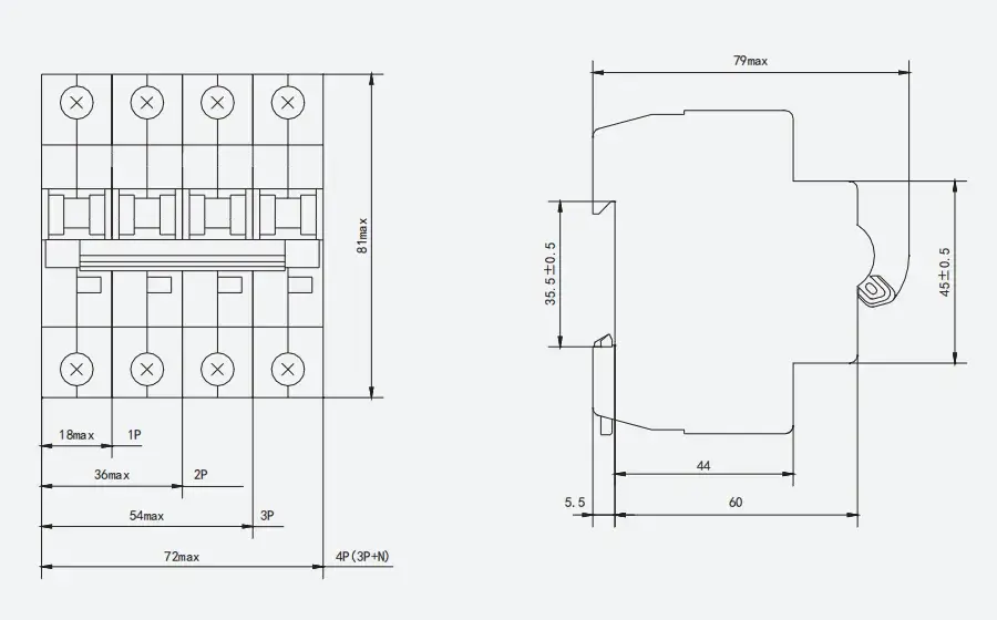 HUM18-80 Miniature Breaker Dimensions