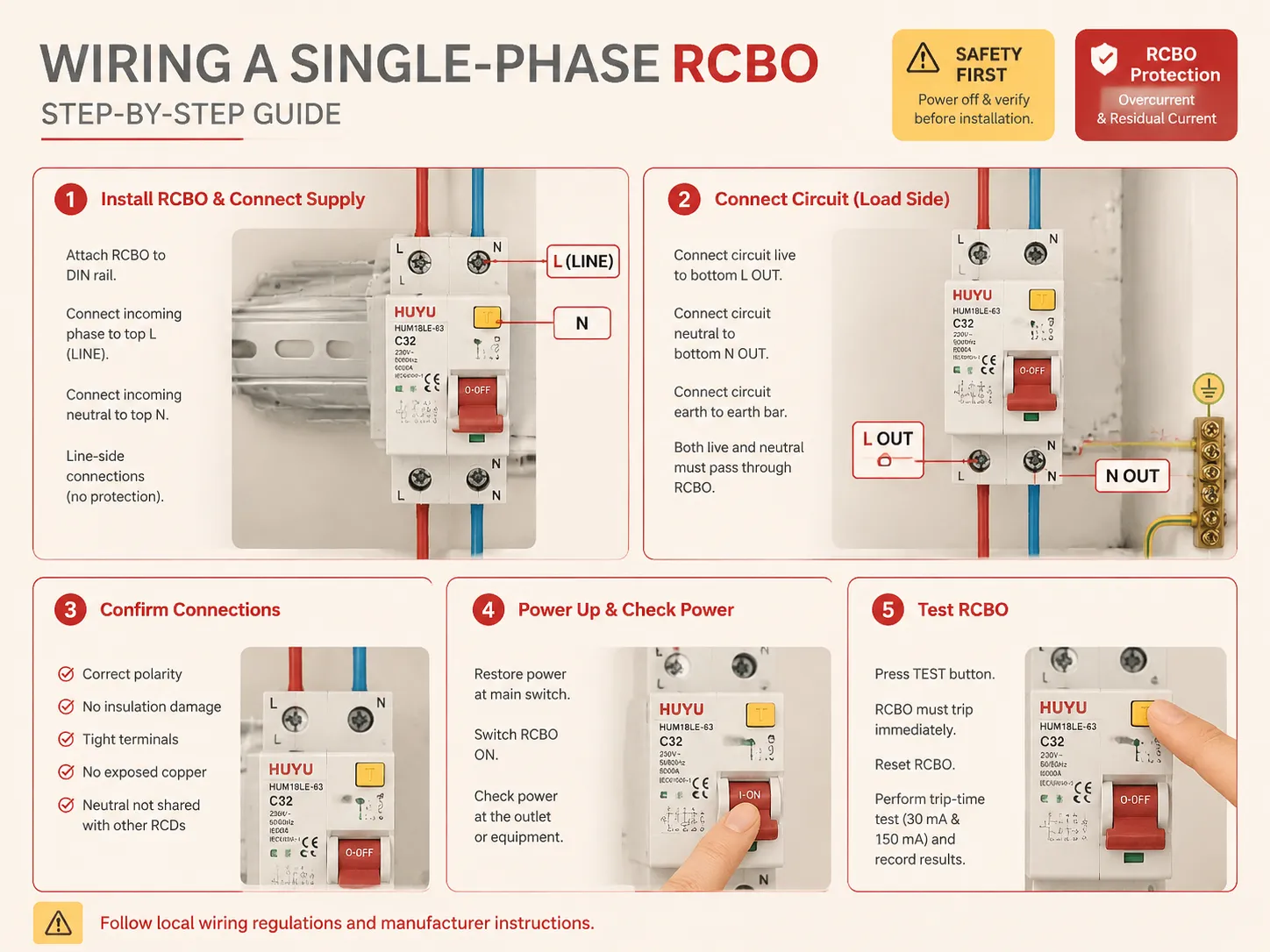 توصيل RCBO أحادي الطور في لوحة التوزيع