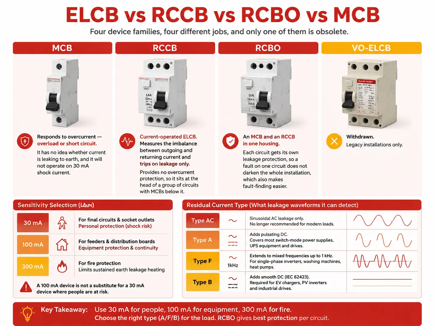 ELCB vs RCCB vs RCBO vs MCB